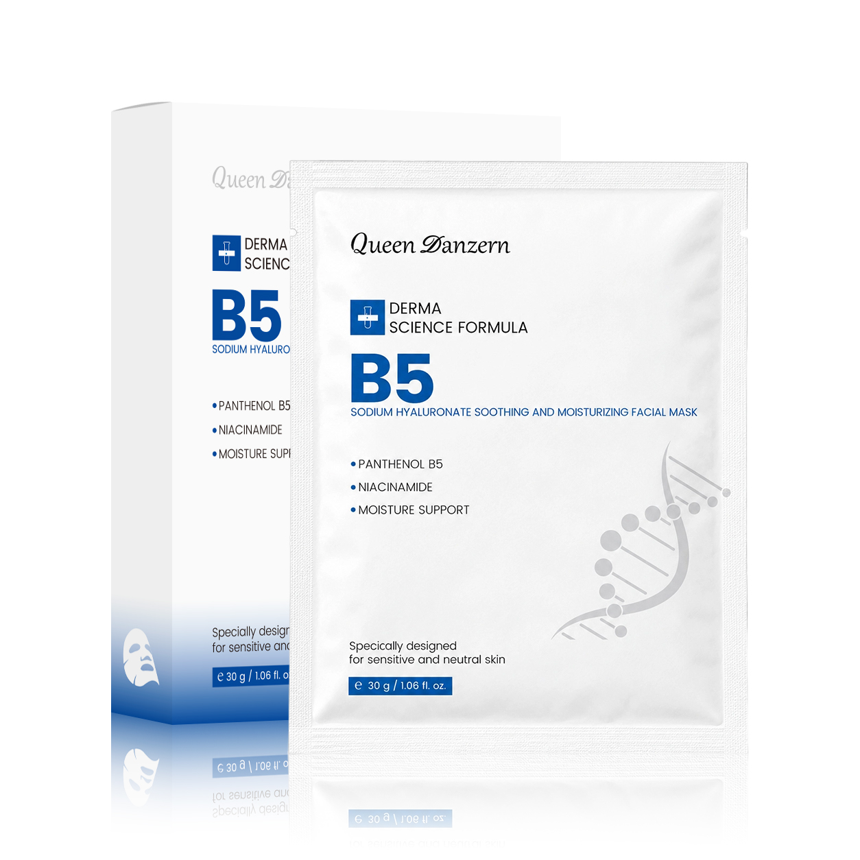 Danzern B5 soothing and moisturizing facial mask sachet with product carton
