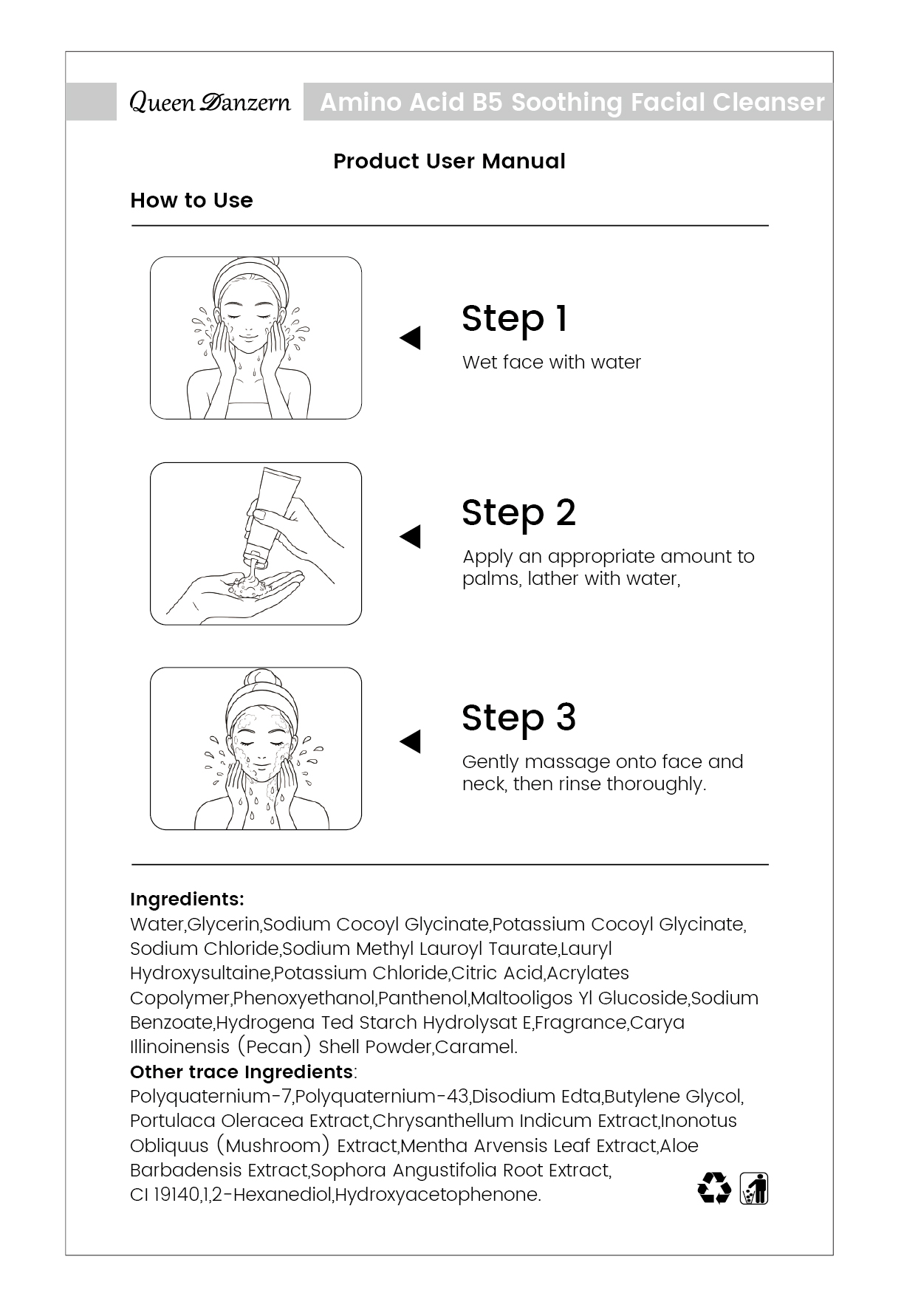 Product user manual for Amino Acid B5 Soothing Facial Cleanser with three illustrated usage steps and ingredients.