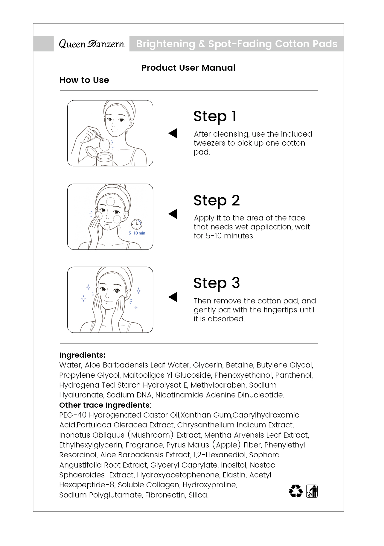Product user manual for Brightening Even-Tone Cotton Pads with three illustrated usage steps and ingredients.