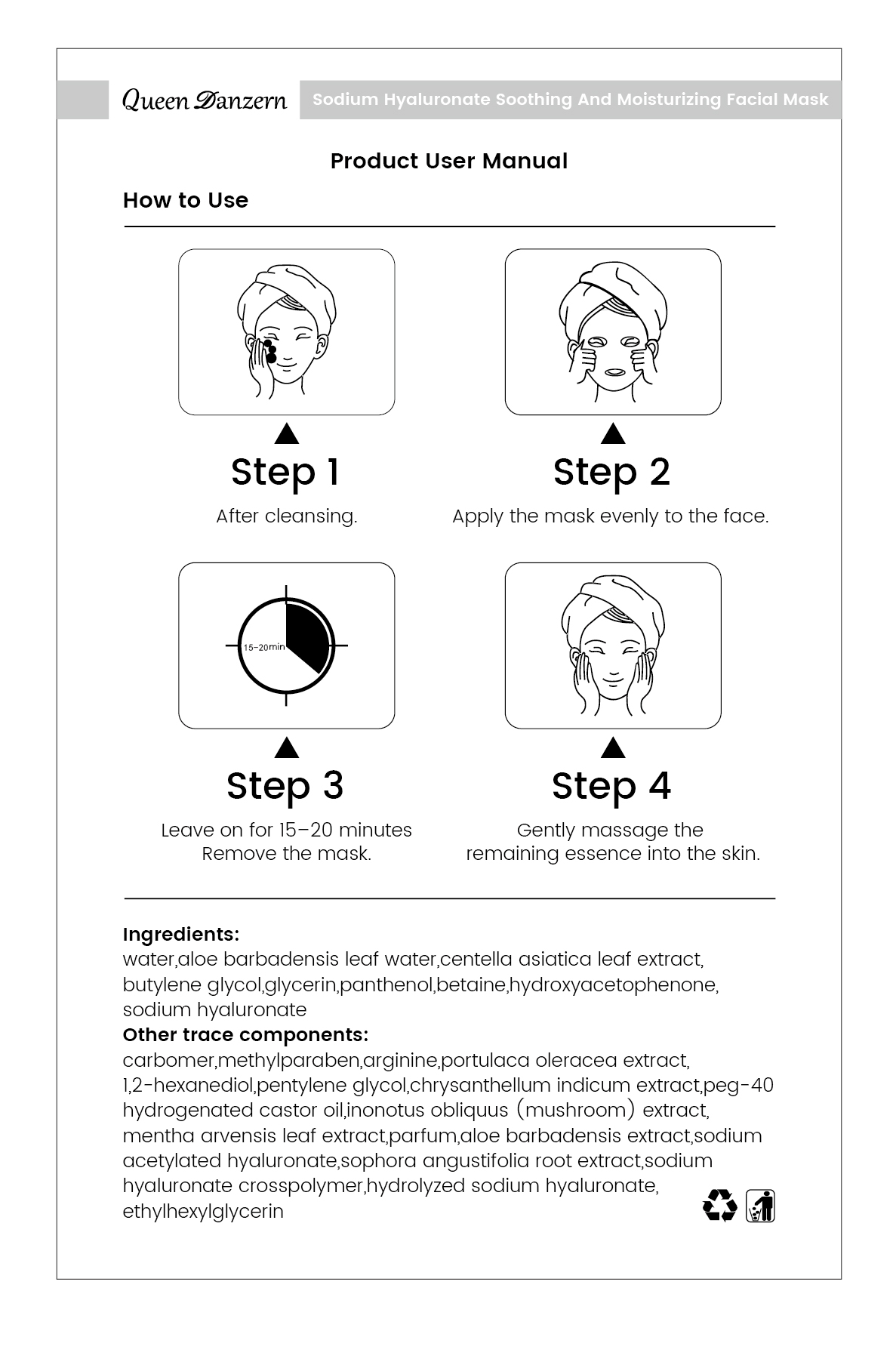 Product user manual for Sodium Hyaluronate Soothing And Moisturizing Facial Mask with four illustrated usage steps and ingredients.